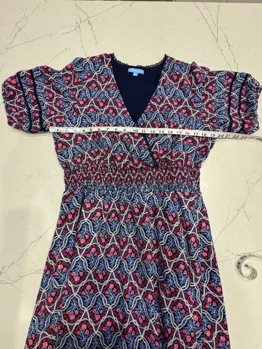 Draper James Smocked Waist V-Neck Midi Dress Navy Pink Floral w/pockets Large